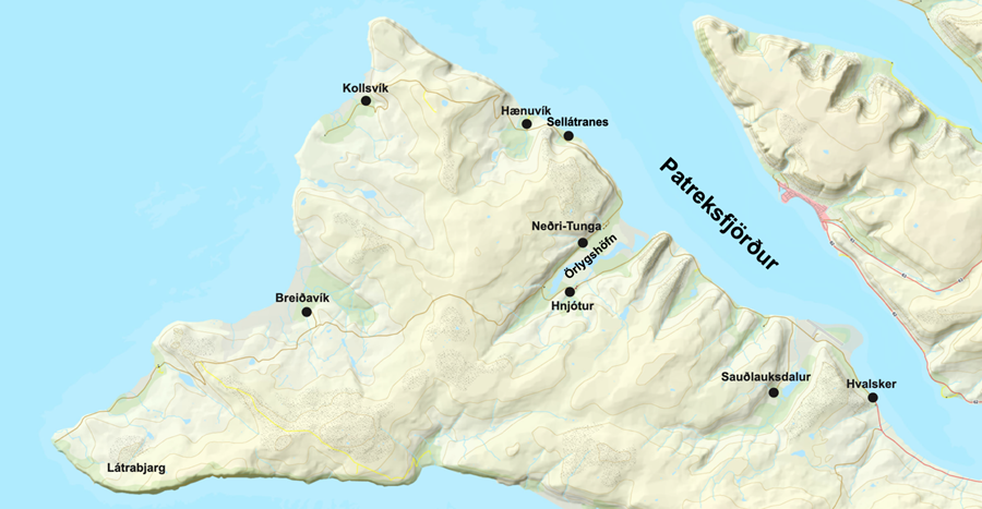 Kort af Rauðasandshreppi norðan heiða. Búseta er á Hvalskeri, Neðri-Tungu og Hænuvík. Í Örlygshöfn var öll þjónusta hins forna hrepps, eða grunnskóli, félagsheimili, verslun, höfn o.fl.