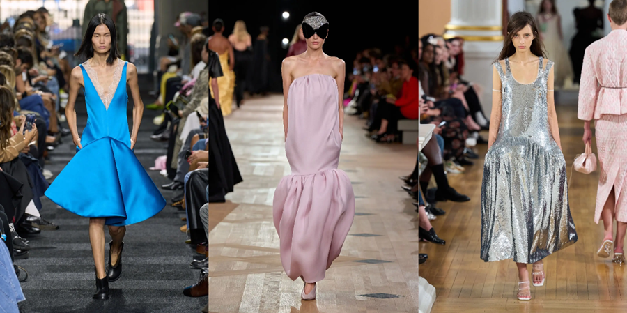 Dæmi um lágt mitti sumarkjólanna nú 2026 sem minna óneitanlega á tísku kjólanna hundrað árum áður.  Frá vinstri eru kjólar hönnuðanna JW Anderson, Balenciaga og Simone Rocha. 