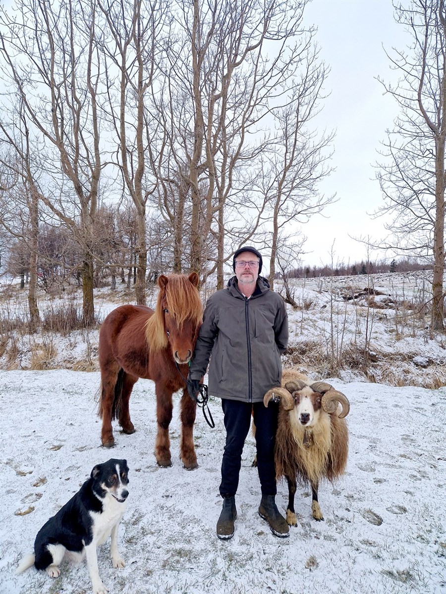 Eysteinn Steingrímsson og forystuhrúturinn Frakkur ásamt hestinum Létti og hundinum Kjarki.