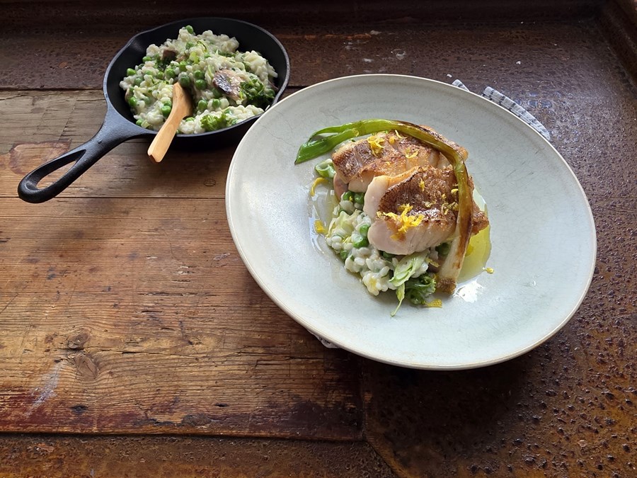 Steiktur karfi með risotto, sveppum, vorlauk og ertum