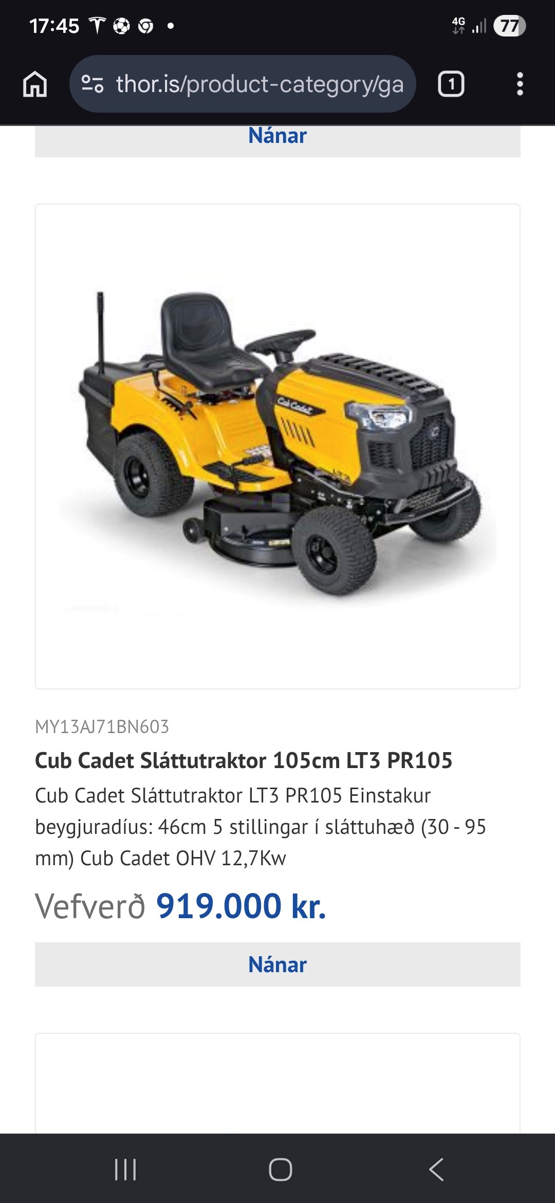 Cub cadet lt3 sláttutraktor til sölu veg