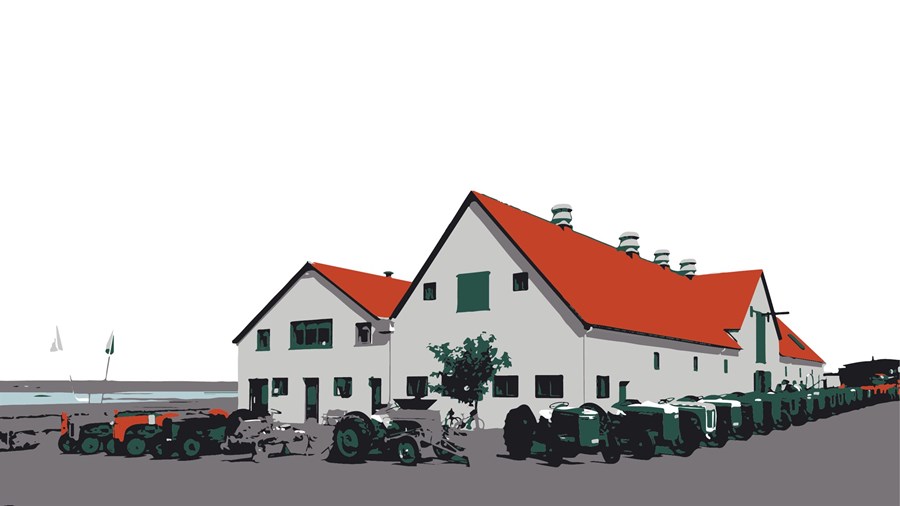 Tölvuteiknuð mynd af Halldórsfjósi, sem nú hýsir Landbúnaðarsafnið. 