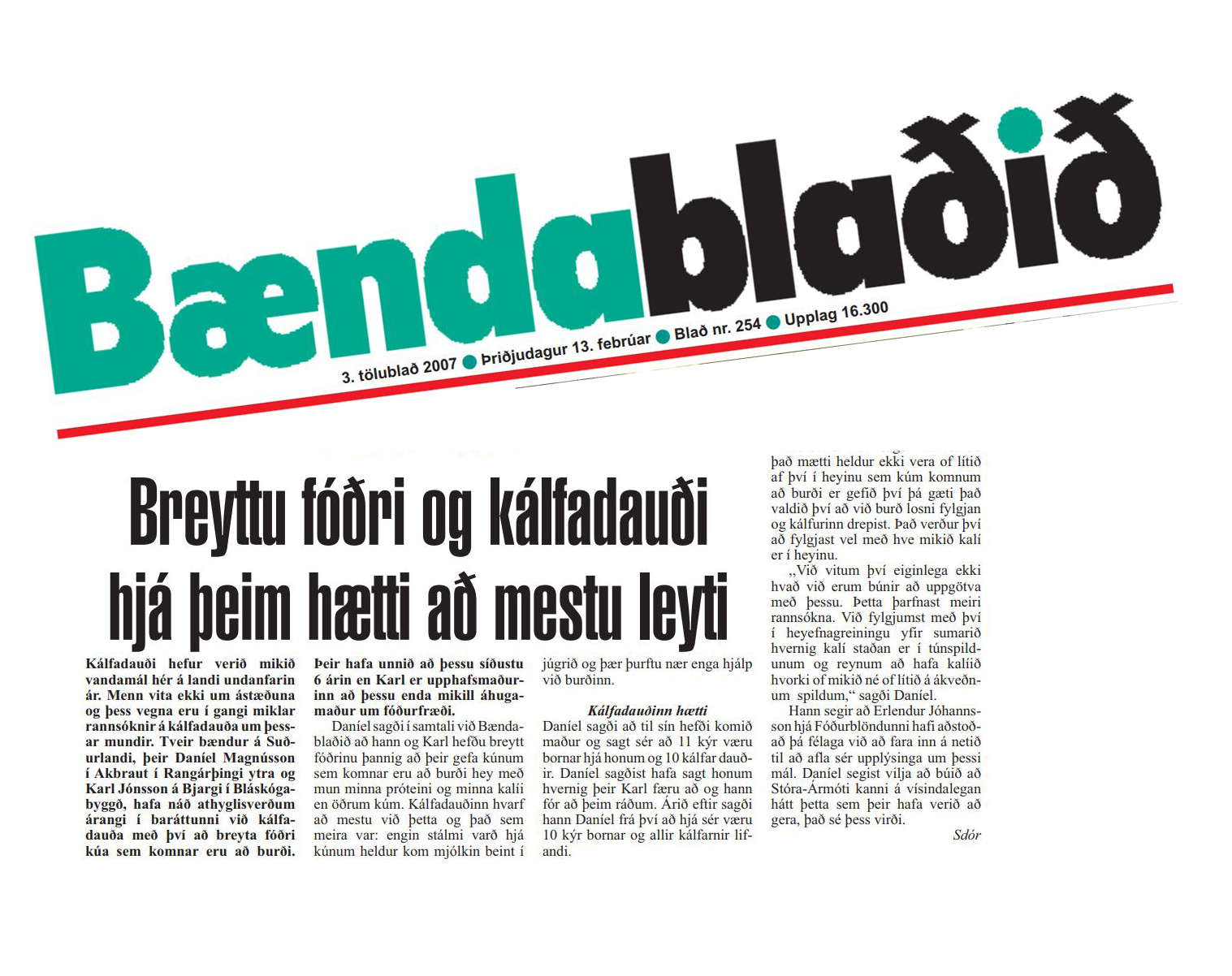 Bændur breyttu fóðurgjöf kúa og kálfdauði hætti að mestu