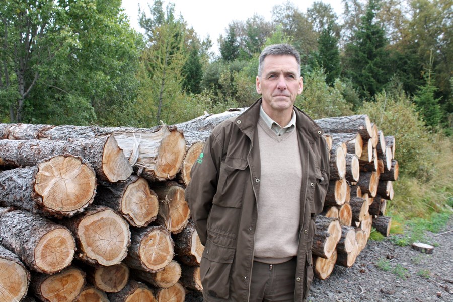 Þór Þorfinnsson, skógarvörður Skógræktar ríkisins á Hallormsstað, við vænan stafla af grisjunarvið.