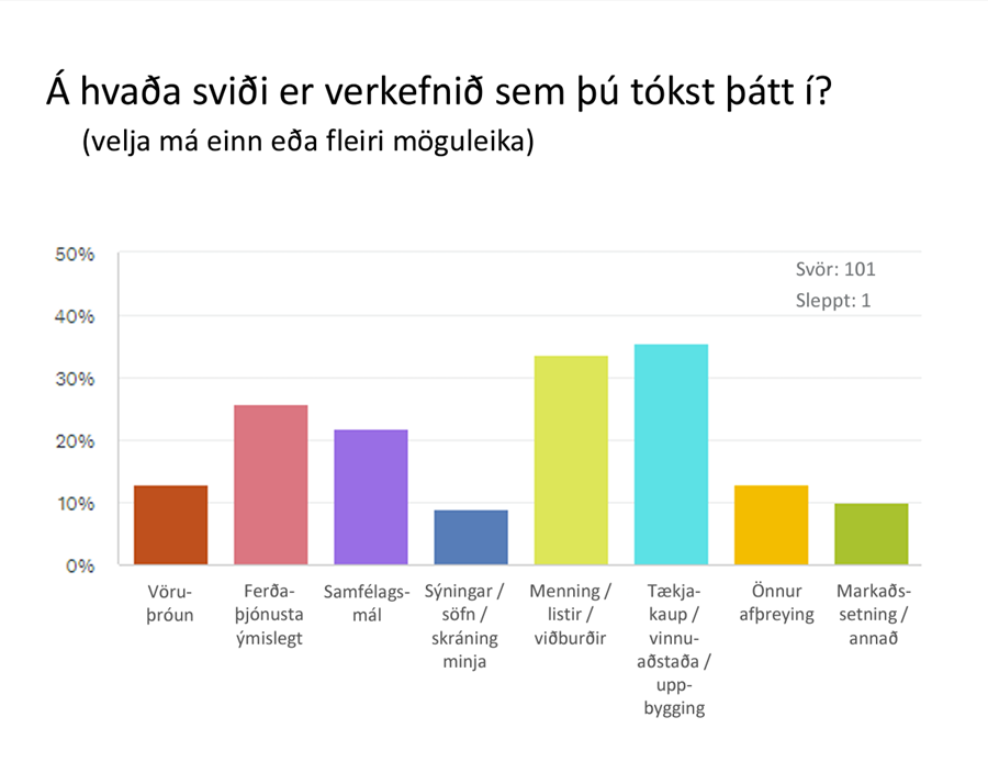 Verkefnissvið styrkþega var nokkuð vítt, en innan þessara flokka eru margvíslegar hugmyndir.