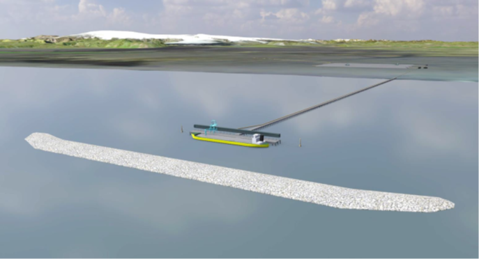 Líkanmynd úr skýrslu Eflu sem unnin var fyrir framkvæmdaaðila. Hér sjást
áætluð bryggja, brimvarnargarður og geymslusvæði uppi á landi. Horft er í
norðvestur og Mýrdalsjökull sést í fjarska. 