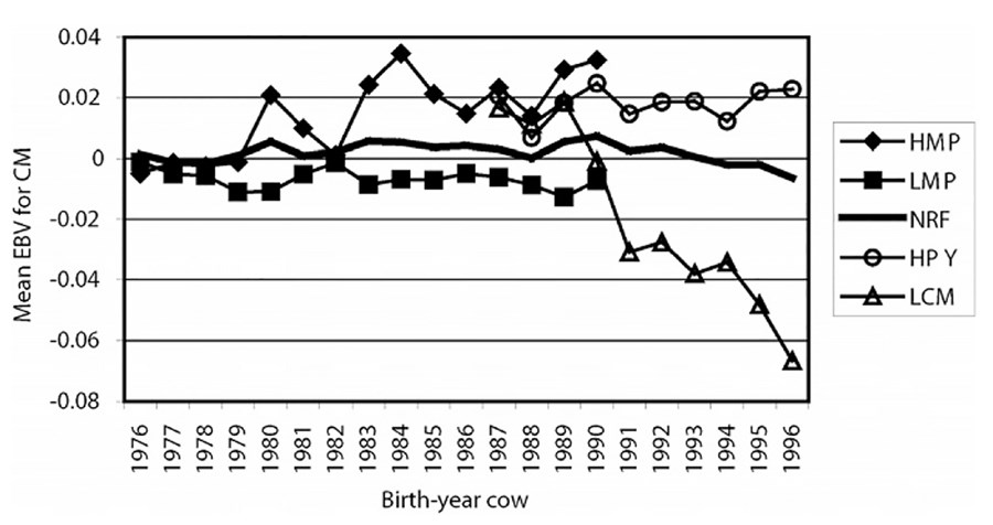 Mjólkurmagn. Þróun á kynbótamati fyrir próteinmagn en Y ásin er sem frávik frá 100. Línmerkingar; HMP valið fyrir efnamagni mjólkur í fyrri hluta tilraunar.