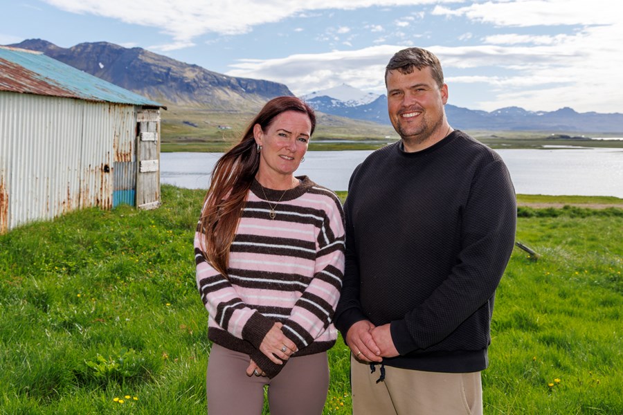 Sauðfjárbændurnir Herdís Leifsdóttir og Emil Freyr Emilsson hafa lagt um árabil lagt mesta áherslu á kynbætur í sinni sauðfjárrækt. Helsta afurðin þeirra eru lömb sem seld eru til lífs og notuð til kynbóta hjá öðrum bændum. Myndin er tekin í Mávahlíð, þaðan sem Herdís er upprunnin, en í bakgrunni sést jörðin Tunga þar sem þau eru með sína sauðfjárrækt í dag.   