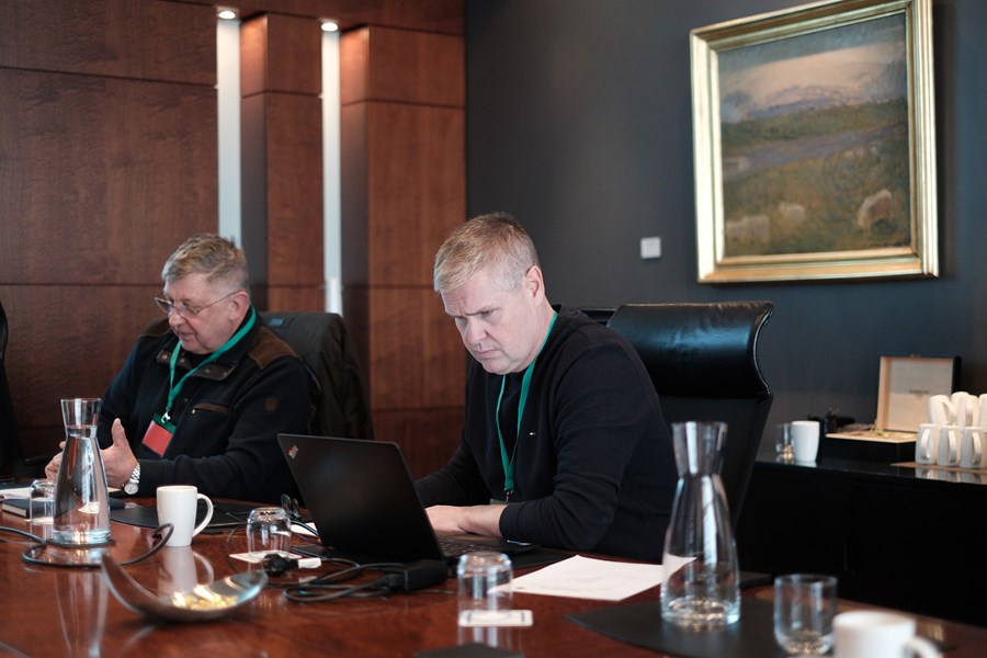 Hörður Harðarson í Laxárdal, fyrrverandi formaður Félags svínabænda, og
Ingvi Stefánsson í Teigi, formaður deildar svínabænda hjá Bændasamtökum
Íslands, á deildarfundi búgreinarinnar á dögunum.