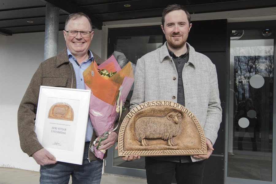 Feðgarnir á Efri-Fitjum vengu verðlaun fyrir sauðfjárræktarbúið.