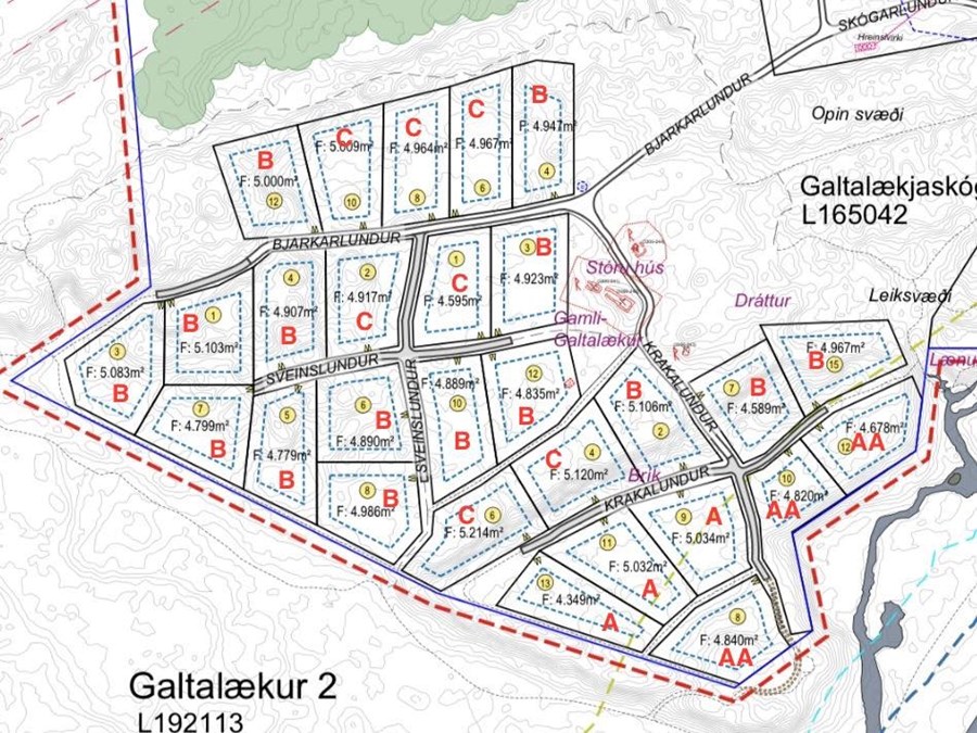 Galtalækur 1: Hér eru lóðirnar í skóginum, sem framkvæmdir munu hefjast við næsta vor, alls 28 lóðir. Lóðirnar eru eignarlóðir en heimild er fyrir allt að 160 fermetra húsi á hverri lóð. 