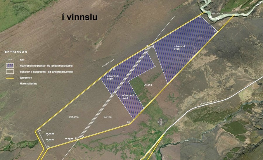 Hér má sjá mynd í vinnslu af svæðinu, hvar núverandi skógræktarsvæði er og hvar stendur til að planta meira ef allt gengur upp. 