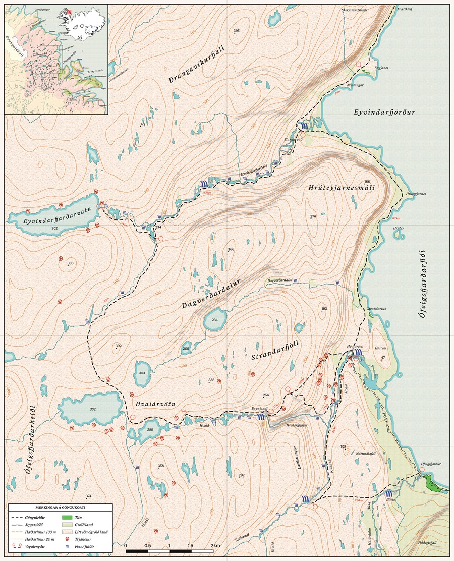 Göngukort af svæðinu við Hvalá, Rjúkandi og Eyvindarfjarðará í Árneshreppi