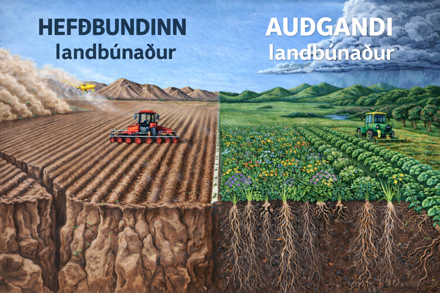 Skýringarmynd sem sýnir hvernig jarðvegsbygging og rótarkerfi hafa áhrif á vatnsbúskap, lífríki og seiglu landbúnaðar.