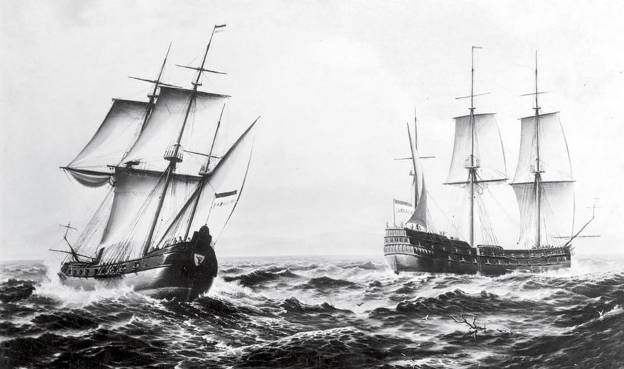 Þessi teikning á að sýna tvö af skipum hollenska flotans að koma úr leiðangri til Austur-Indía hlaðin gulli og gersemum. Hægra megin er Het Wapen Van Amsterdam.