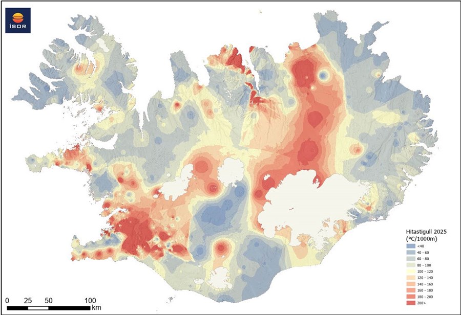 Nýtt hitastigulskort. Slíkar mælingar í borholum hafa reynst mjög gagnlegar við jarðhitaleit á Íslandi, til að finna svæði þar sem heitt vatn rennur um sprungur í jörðu. Hitastigull er þannig lykilþáttur til að meta varmaflæði um yfirborð landsins með varmaleiðingu. Kortið birtir hitastigul sem er reiknað út frá hita sem er mældur í grunnum holum, til dæmis 50–100 m. Síðan er það framreiknað á eins kílómetra dýpi.