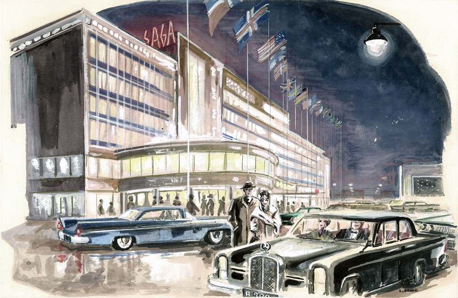 Hótel Saga hefur verið glæsilegt kennileiti í Reykjavík frá því að húsið var byggt. Vatnslitamynd / L. Grund