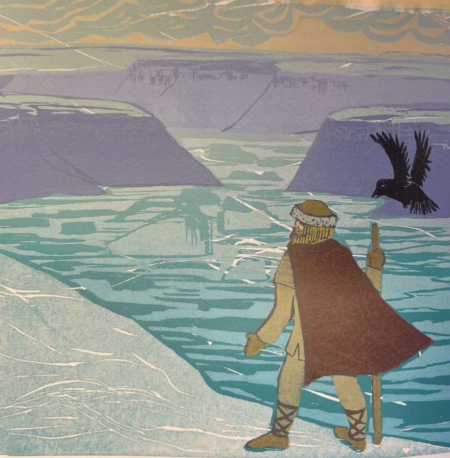 Hrafna-Flóki horfir yfir ísi lagðan fjörð. Myndskreyting Sveinbjargar Hallgrímsdóttur úr bók Sylvelin Vatle um kappann.