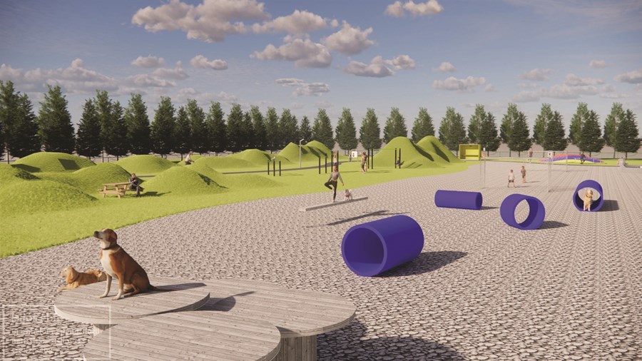 Hundagerðið verður allt hið glæsilegasta eins og sjá má á þessari þrívíddarteikningu frá Bjarnheiði Erlendsdóttur. Svæðið verður með fjölbreyttum leiktækjum fyrir bæði tví- og ferfætlinga.