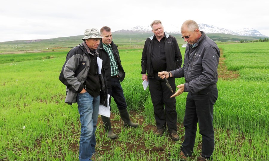 Garðyrkjuráðunautar RML hafa farið með Jensen í heimsóknir til kartöflubænda þar sem þeir hafa sameiginlega veitt kartöflubændum ráðgjöf. Hér eru þeir frá vinstri; Guðmundur Helgi Gunnarsson ráðunautur, Eiríkur Loftsson, Sigurður Jarlsson og Benny Jensen.