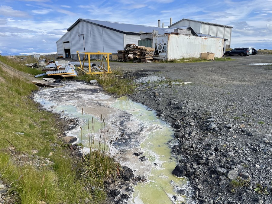 Mynd sem Svanhvít tók 22. ágúst sl. sem sýnir glöggt ástandið í kringum kjötmjölsverksmiðjuna, Orkugerðin er staðsett við þjóðveg númer 1 í gegnum Flóahrepp.