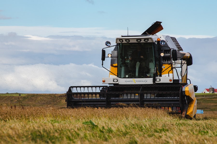 Frá kornþreskingu á Súluholti í Flóa þann 26. ágúst. Myndin hluti af nemendaverkefni við Ljósmyndaskólann. 
