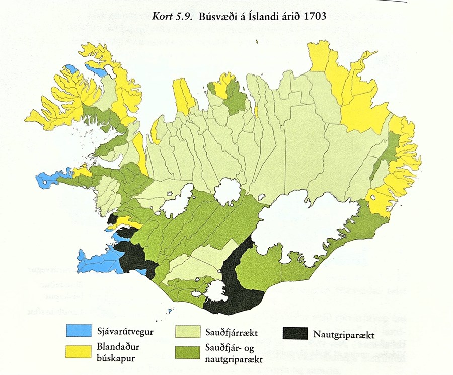 Búsvæðaskiptingin er byggð á manntali og kvikfjártali 1703 og jarðabókinni 1702–1714.
Úr Ástand Íslands um 1700. Lífshættir í bændasamfélagi, Byggð og búsvæði, bls. 164.