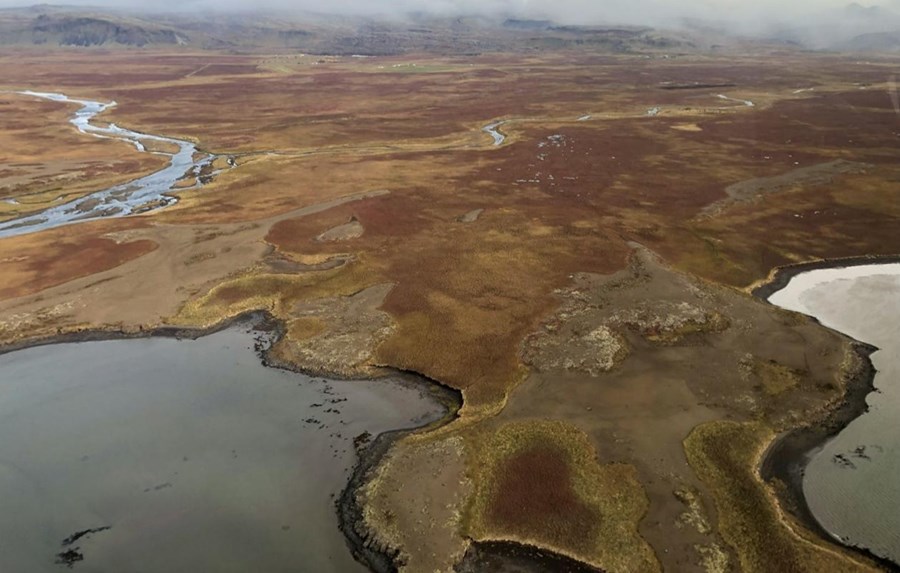 Skjáskot úr matsáætlun Verkís þar sem horft er til norðausturs yfir jörðina Laxárbakka. Þar stendur til að reisa fimm stjörnu hótel og heilsulind með sundlaug.