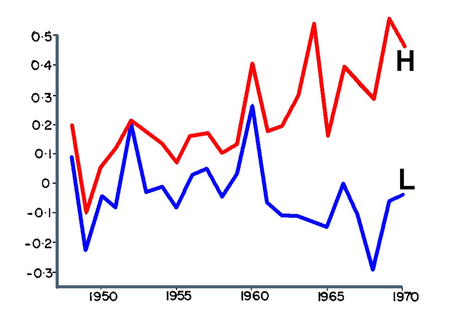 Úrvalssvörun í frjósemistilrauninni á Ruakúra fyrstu áratugina en svörunin er mæld sem frávik frá samanburðarhópnum á hverju ári. H lína valin fyrir auknum lambafjölda og L þar sem valið er fyrir færri lömbum.