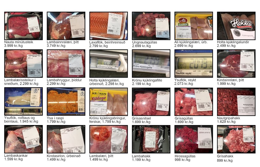 Kílóverð á ýmsum kjöt- og fisktegundum í Krónunni á Granda, mið. 30. ágúst 2017.