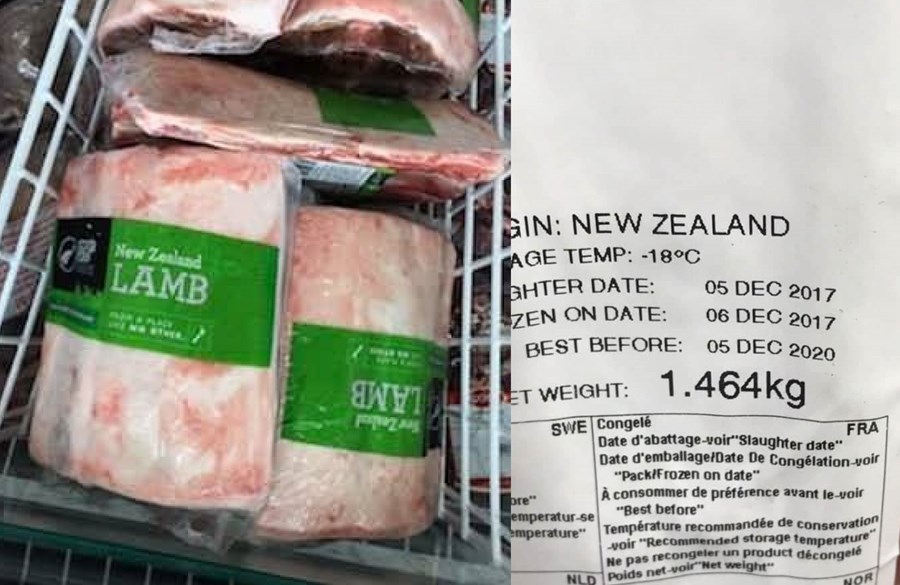 Mynd tekin út kjötborði verslunar á Íslandi 29. júlí 2019 af innfluttum hryggjum frá Nýja-Sjálandi. Um er að ræða framleiðslu ársins 2017 sem er „best fyrir” desember 2020.