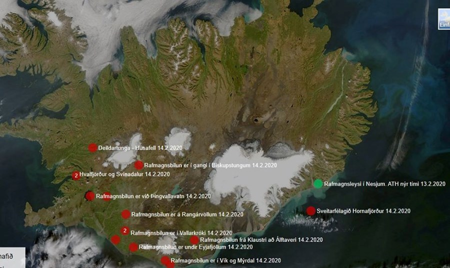 Rafmagnslaust er víða á landinu, aðallega á Suðurlandi og færist vestur um. Línur eru að falla og samsláttur á nokkrum stöðum. Mynd að morgni 14. feb.