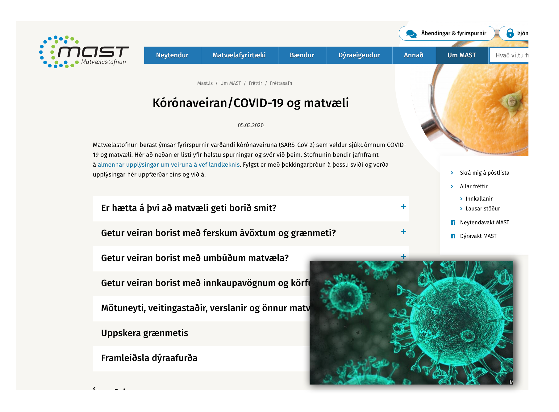 Matvælastofnun uppfærir fræðsluefni um COVID-19