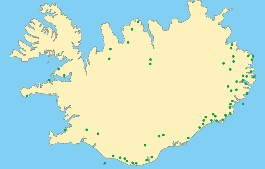 Íslandskort með útbreiðslu völvuleiðanna.