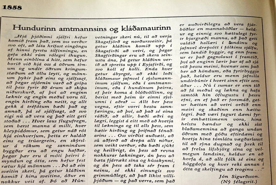 Grein Jóns Sigurðssonar eins og hún birtist í Öldin sem leið, minnisverð tíðindi 1801–1860. Forlagið Iðunn gaf út árið 1955.