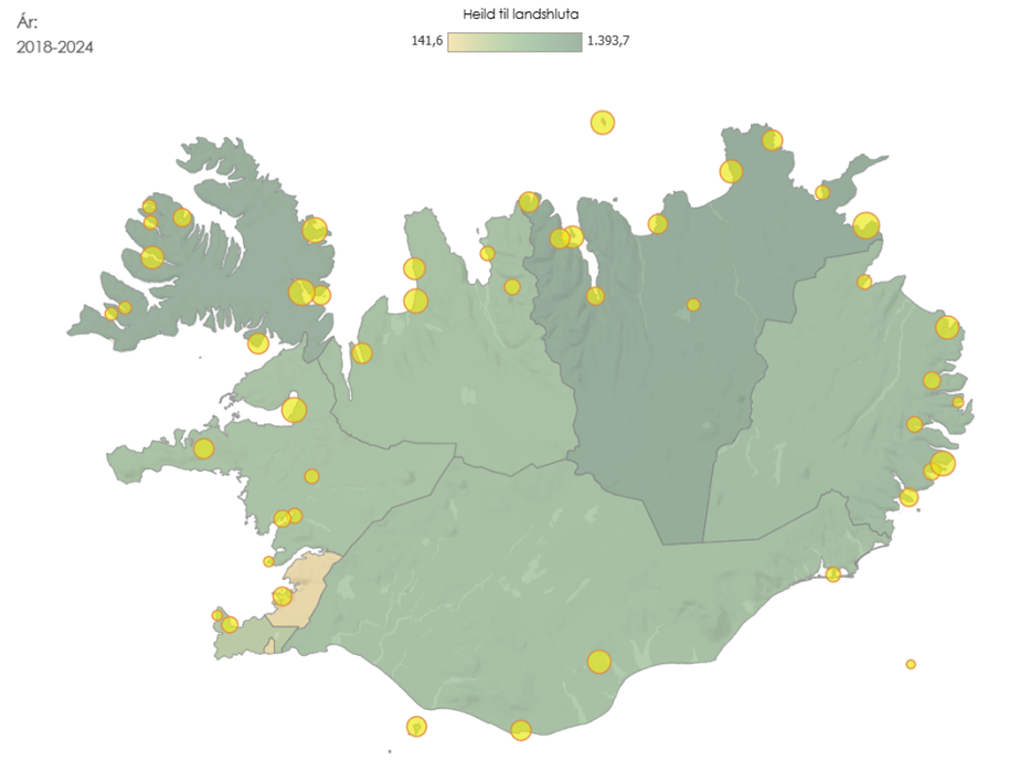 Sýnir landfræðilega dreifingu styrkja