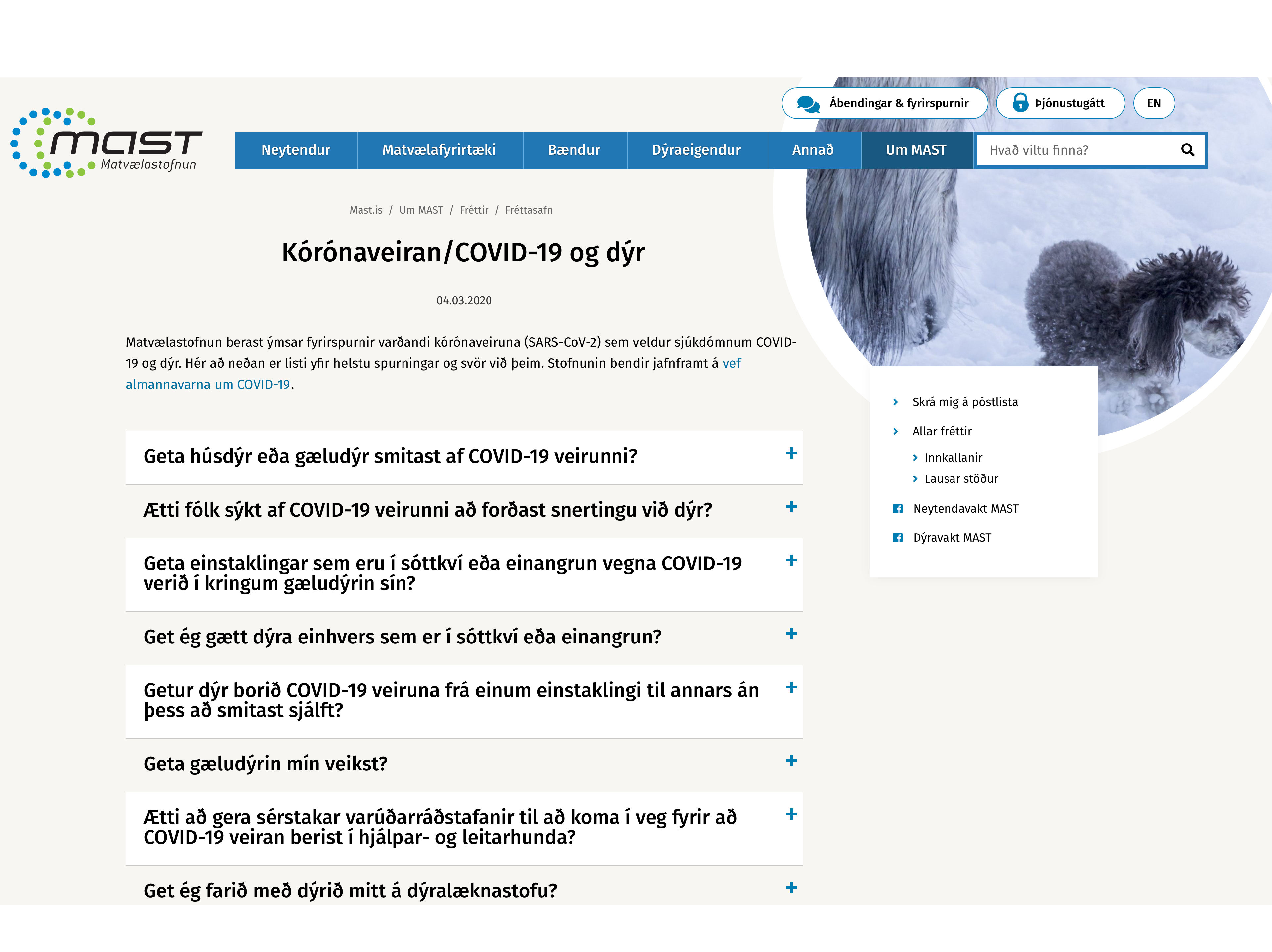 N&#253;jar uppl&#253;singar hj&#225; Matv&#230;lastofnun um COVID-19 og d&#253;rahald