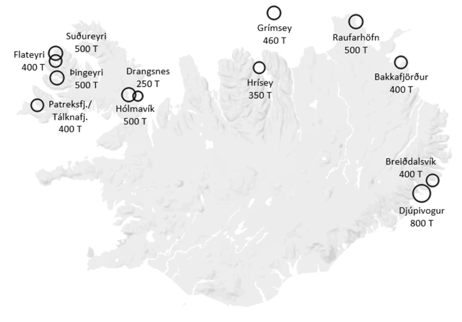 Árlega hefur stofnuninni verið falið að úthluta um 5.000 þorskígildistonnum sem byggir á ákvörðun ráðherra hverju sinni. Á fiskveiðiárinu 2023/2024 eru í gildi 14 samningar í 12 byggðarlögum og má sjá magn í þorskígildistonnum á hverjum stað á myndinni hér að ofan.